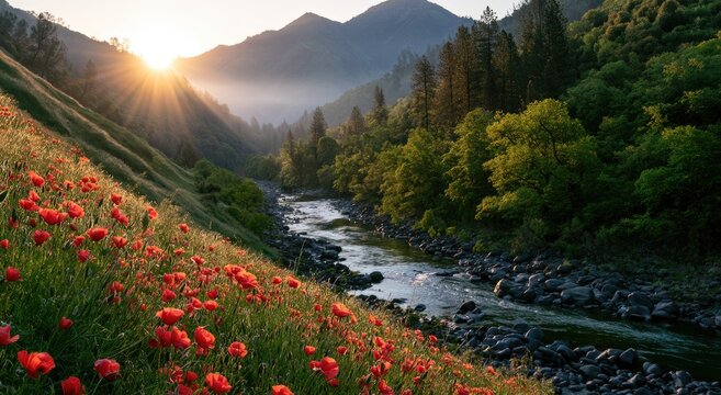 Sunlit river valley with red poppies and mist at sunrise
