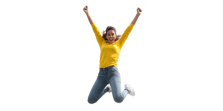 Joyful young woman wearing yellow top jumping up against white background