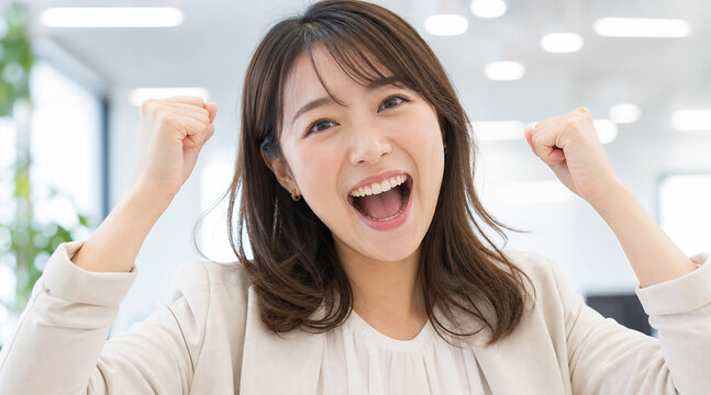 オフィスで両手でガッツポーズをして満面の笑みを浮かべる女性社員