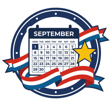 Labor Day Calendar and Patriotic Ribbon Vector Icon
