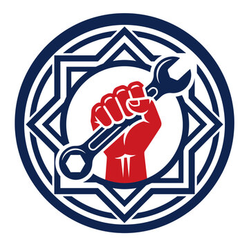 Labor Rights Raised Fist and Wrench Badge Vector Icon