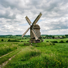 Fototapeta premium Rustic wooden windmill in green meadow under cloudy sky