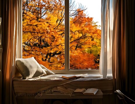 Cozy reading nook by the window with autumn leaves view.