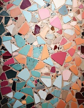 Colorful mosaic tile pattern made of irregular ceramic fragments.