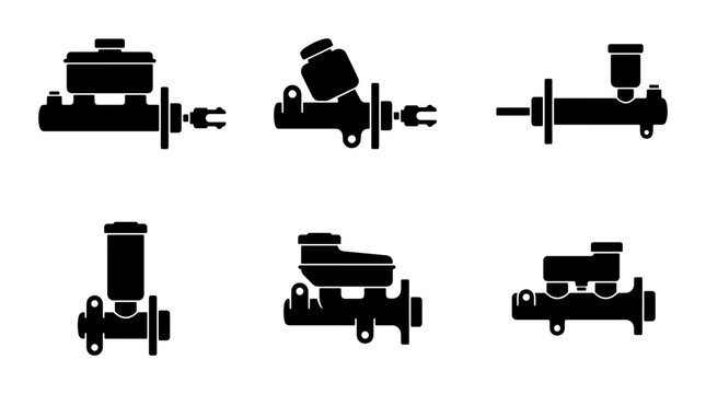 Automotive Master Cylinder Icons, Hydraulic Brake System Components, Car Parts Vector Set