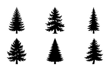 Obraz premium Pine Tree Silhouettes, Evergreen Conifer Vector Icons, Forest Nature Graphics, Winter Woodland Elements