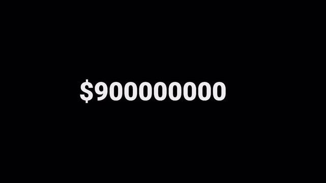 Animated dollar counter increasing to five billion for finance, business, revenue, earnings, investment, financial growth, and monetary data visualization.