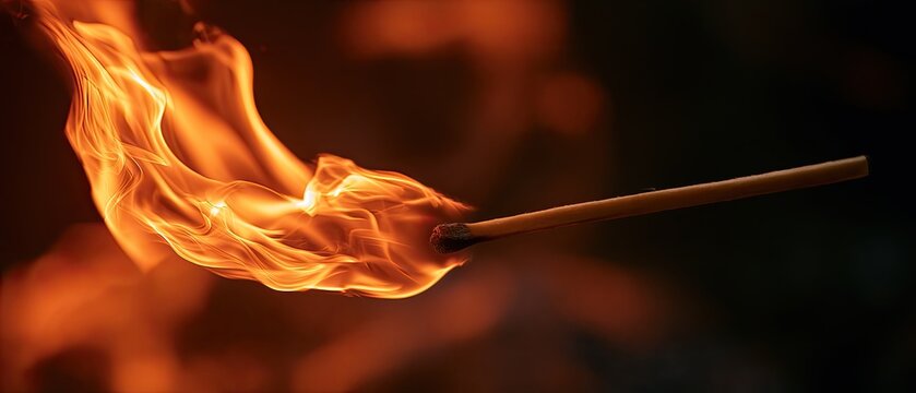 A single matchstick burns brightly with a vivid orange flame against a dark background
