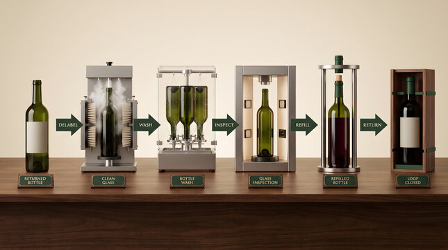 Sustainable wine bottle recycling process workflow illustration diagram with showing stages delabeling return displays detailed workflow environment with manufacture