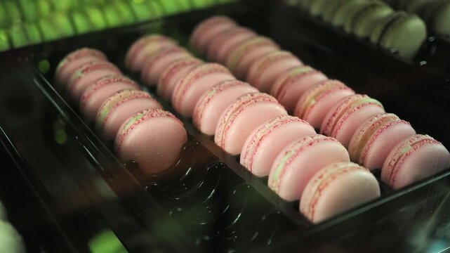 Enjoying colorful macarons in a pastry shop display