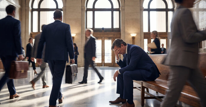 Stressed businessman sitting on a wooden bench inside a busy office lobby surrounded by blurred people walking quickly by him