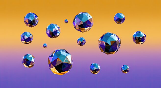 Abstract geometric shapes float in gradient light, reflecting colors