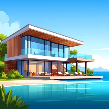 Modern two story house with pool and deck.