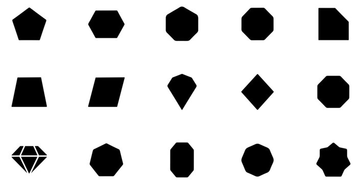 Collection of black geometric shapes and polygon silhouettes on a white background