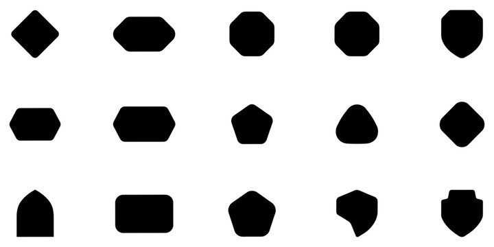 Collection of fifteen solid black geometric shapes with rounded corners