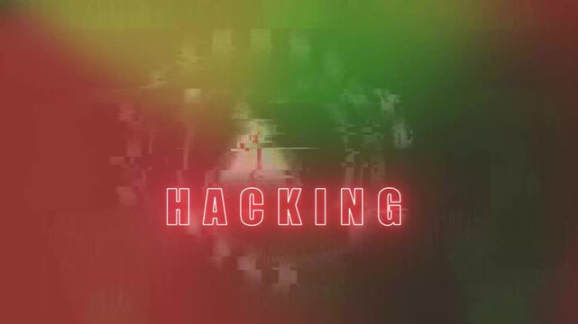 Red exclamation warning sign with text hacking on green digital binary code background with white grid pattern