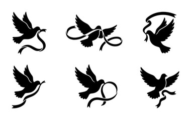 Fototapeta premium Peace Dove Vector Icons, Elegant Flying Birds with Ribbons, Symbol of Hope and Freedom Graphics