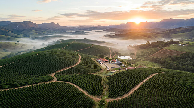 Sunrise over green coffee plantation hills landscape.