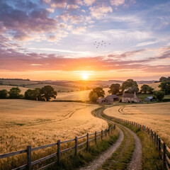 Fototapeta premium Sunset over a rolling English countryside and farmhouse.