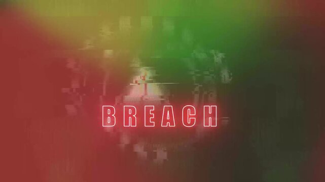 Red exclamation warning sign with text breach on green digital binary code background with white grid pattern