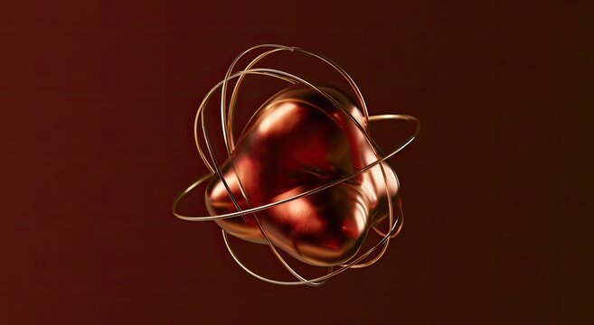 Gleaming metallic orb with intricate orbiting gold wire structure against gradient background