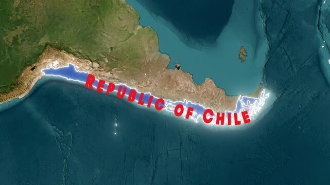 Republic of Chile Map Zoom Animation with Glowing Border, Country Text Label, and Waving Flag Pin