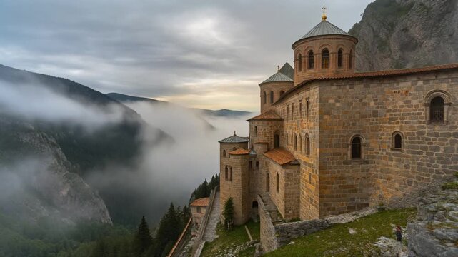 Ancient Sumela Monastery Trabzon nestled in foggy mountain cliffs