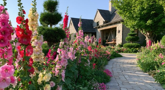 Lush garden path with colorful blooms leads to a charming stone dwelling
