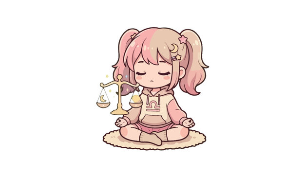 Cute chibi character meditating with scales