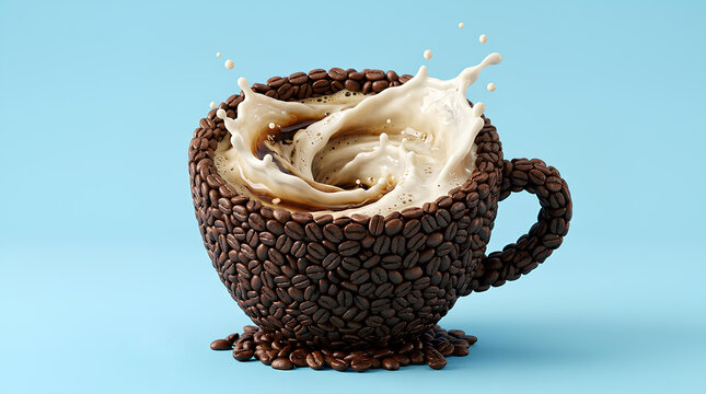 Swirling milk splash inside a coffee bean cup.