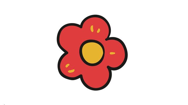 Vibrant hand-drawn red flower illustration with a bright yellow center, a cute cartoon doodle for playful spring graphic designs