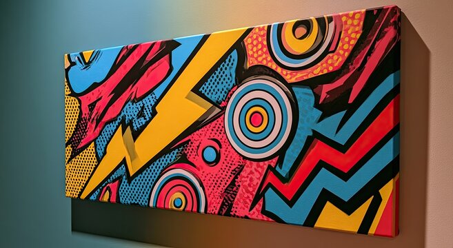 Vibrant, energetic abstract canvas with bold geometric shapes and comic book style