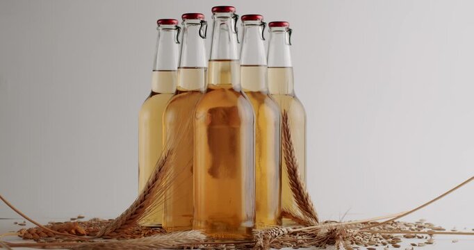 Golden light beer in clear glass bottles with swing tops standing in a group surrounded by malted barley grains on a white background, representing the brewing process and ingredients.