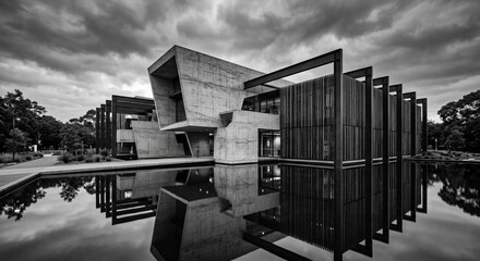 Fototapeta premium Monochrome architecture of modern brutalist concrete interior structure with columns and geometric arches