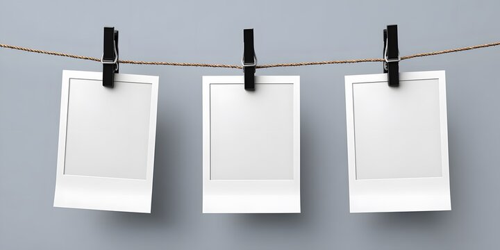 Three blank instant  photographs hanging on a line with black clips against a gray background