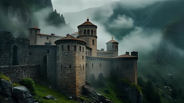 sumela monastery Trabzon nestled in misty mountains cinematic view