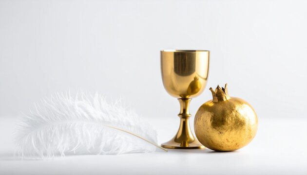 Luxurious golden goblet, rich pomegranate, and graceful quill feather beautifully presented on a minimalist white backdrop, symbolizing elegance, prosperity, and inspiration