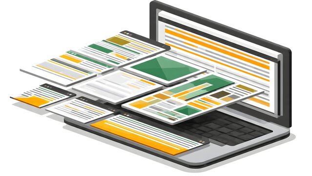 Isometric laptop with flying website pages and application windows for web development and responsive design concepts
