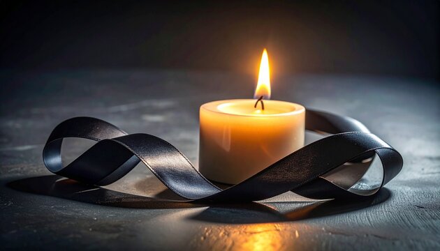 Burning candle with black mourning ribbon on dark background representing grief loss and remembrance