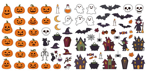 Obraz premium Cute Halloween vector stickers bundle pack with spooky pumpkins witches ghosts skeletons and haunted houses