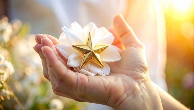 A person gently holding a glowing white flower and a shiny golden star in cupped hands