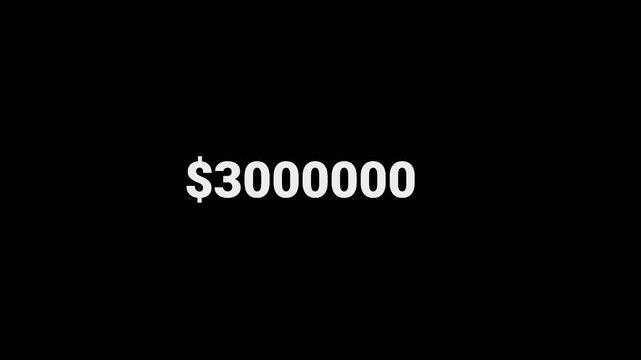 Animated dollar counter displaying a growing monetary value up to ten million, suitable for finance, business, investment, revenue, earnings, and financial data visuals.