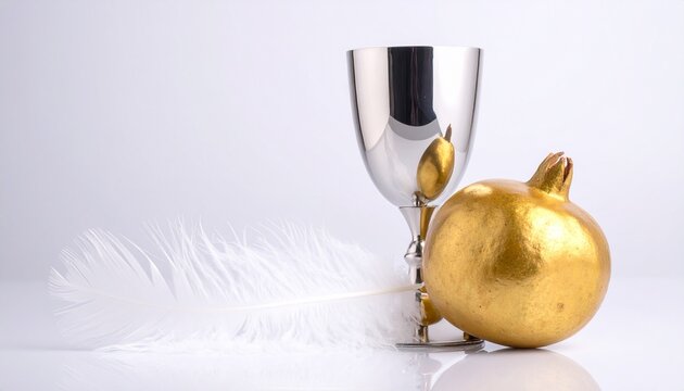 Still life composition with a silver chalice, a golden pomegranate and a white feather