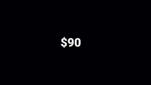 Animated dollar counter displaying a growing monetary value up to ten million, suitable for finance, business, investment, revenue, earnings  on alpha channel and transparent background.