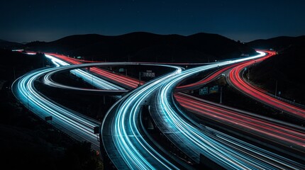 Highway traffic light trails winding through mountain pass at © zn