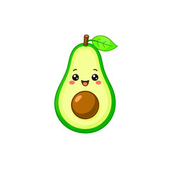 Cute cartoon avocado character with a happy smiling face and a leaf, isolated vector illustration