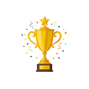 Golden trophy with a star on top and confetti falling, symbolizing achievement, victory, and success in competitions and awards