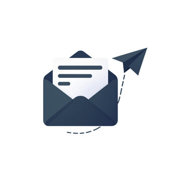 Open mail envelope vector illustration with paper plane graphic representing digital communication and email newsletter message delivery
