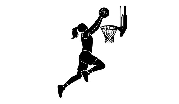 Female basketball athlete airborne dunking ball black silhouette vector