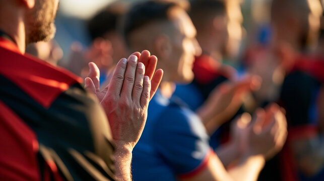 rear view of two diverse teams of male football players standing and clapping hands on a bright field, backs to camera, sportsmanship concept, teamwork, competition, energy,